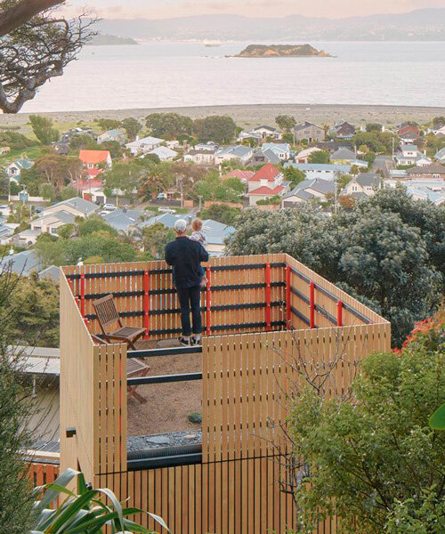 vertical timber cladding coats compact karaka tower treehouse in new zealand